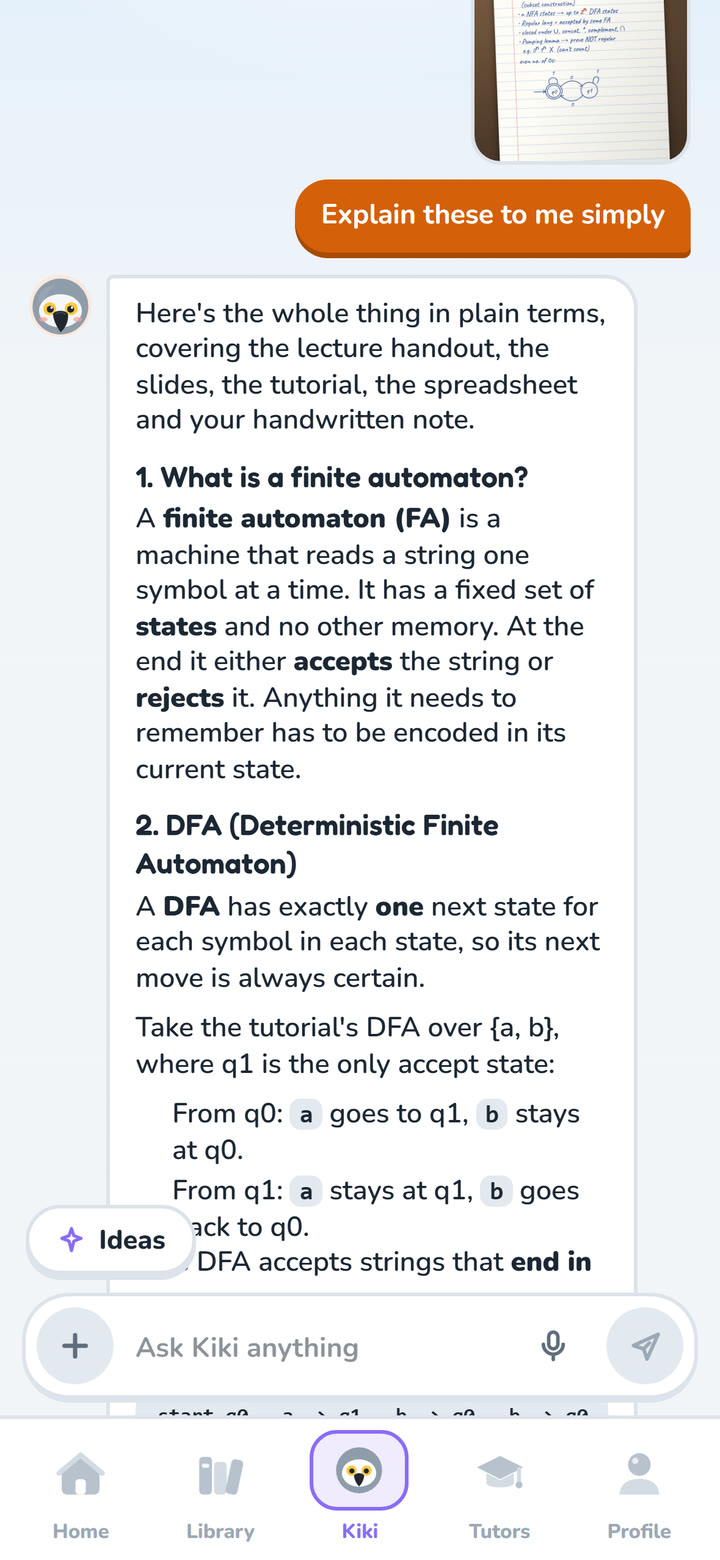 Kiki explaining finite automata from the attached files